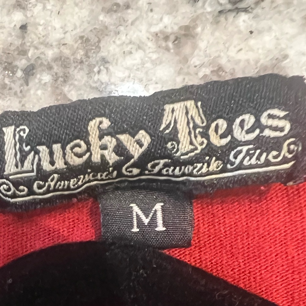 Y2K 100% Cotton Lucky Brand Red Long Sleeve Tee with PeaceSign & Roses Graphic - Picture 7 of 8